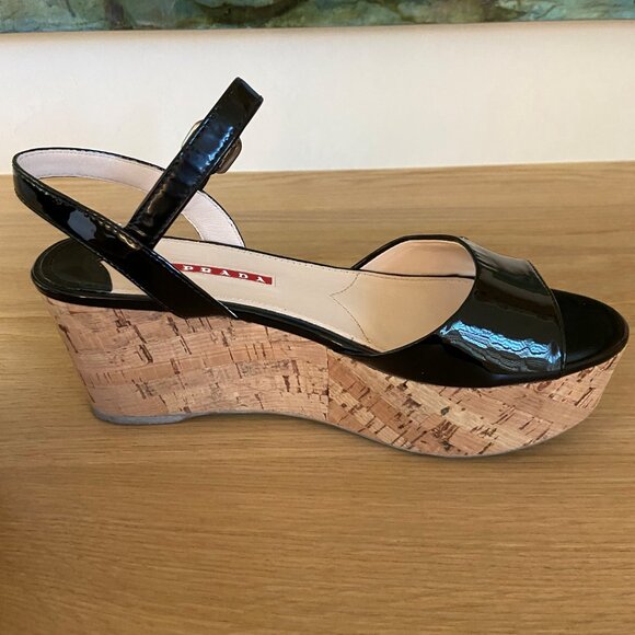 Prada Black Patent Sandals With Cork Wedge 36.5 - Picture 6 of 10